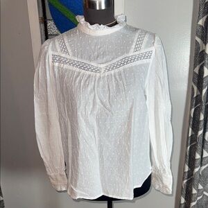 Loft Swiss Dot & Lace High Neck Cotton Blouse SZ SP